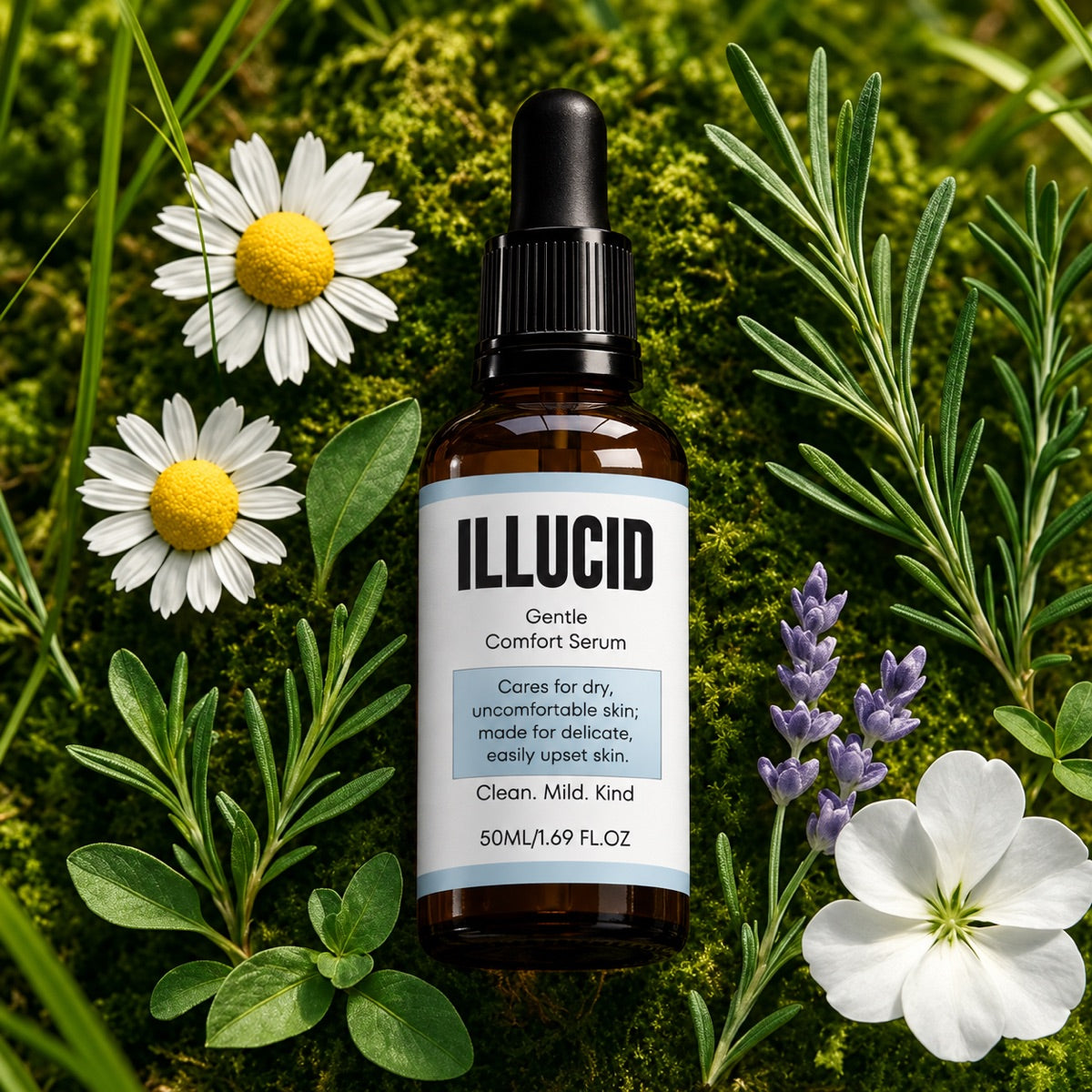 Illucid serum among chamomile, lavender and rosemary